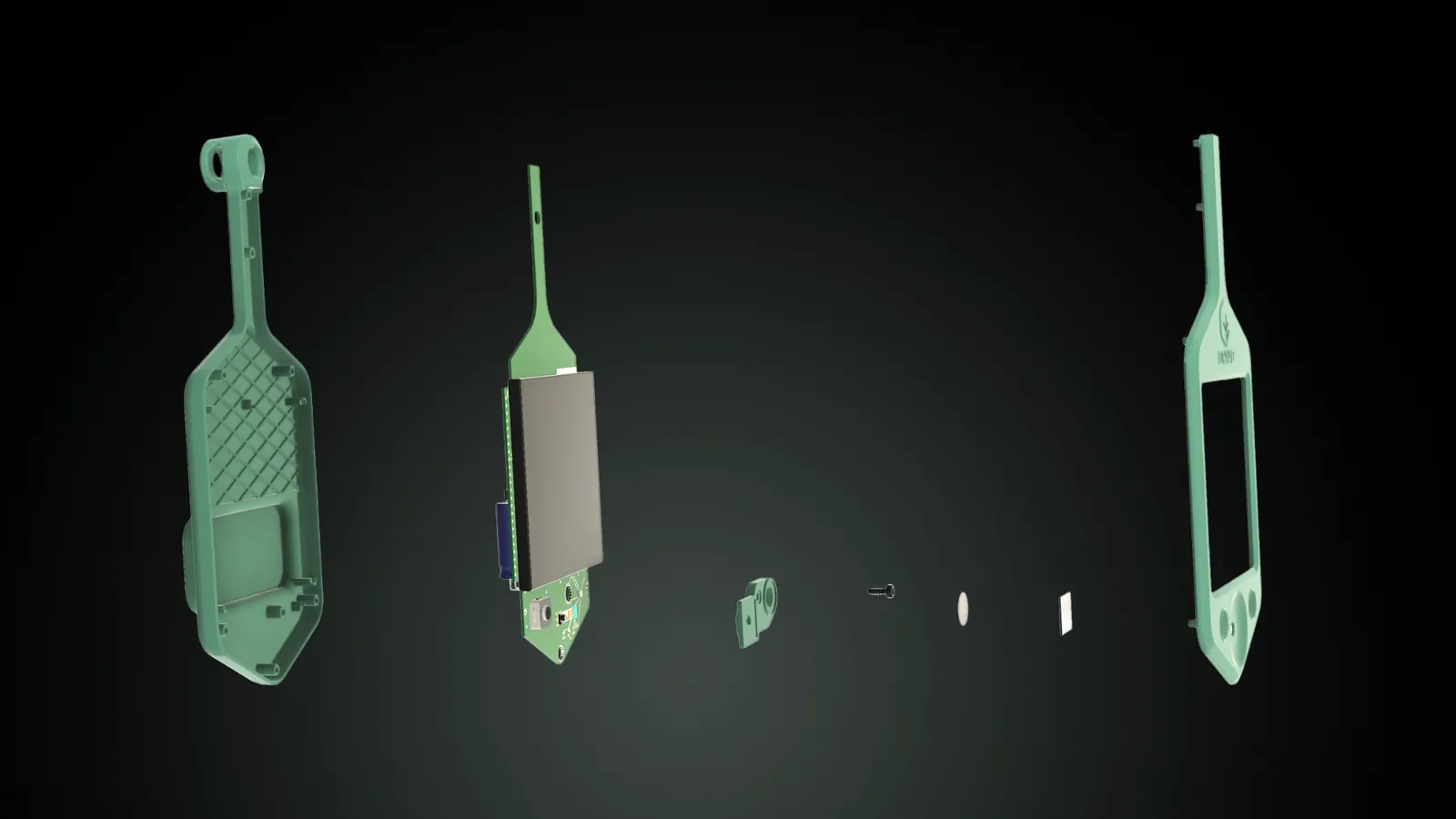 Despiece del sensor: carcasa trasera, placa, módulo de sensores, lente, filtro y carcasa frontal